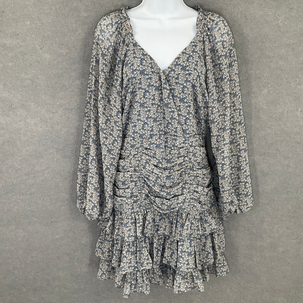 ASTR The‎ Label Women's Mini Dress Blue Multi Floral Ruffle Ruched Long Sleeve M